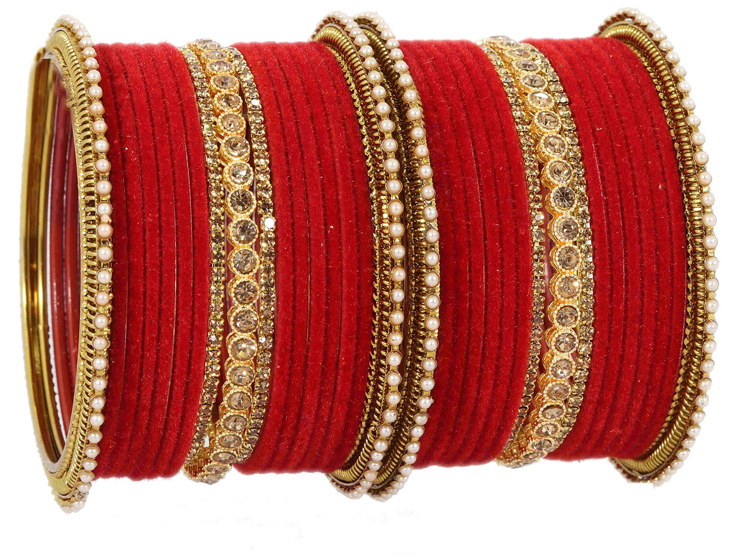 Red Velvet Bridal Chuda Set – Metal Base with Zircon Diamond-Studded Bangles
