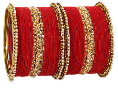 Red Velvet Bridal Chuda Set – Metal Base with Zircon Diamond-Studded Bangles