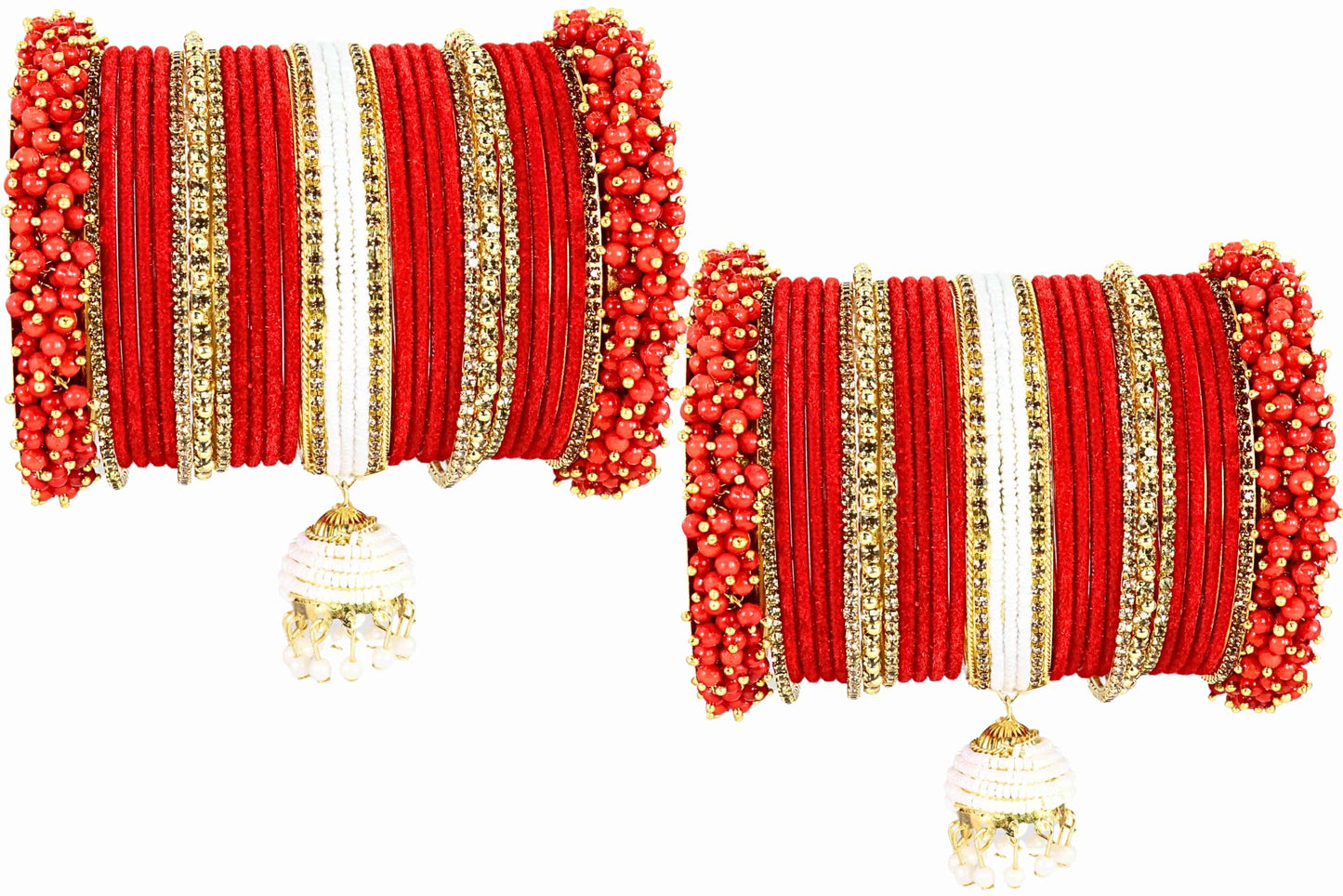 Red Velvet Bridal Chuda Set with Golden Zircon Stones & Pearl Latkan – Traditional Royal Bangles