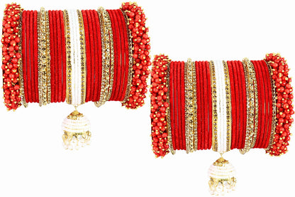 Red Velvet Bridal Chuda Set with Golden Zircon Stones & Pearl Latkan – Traditional Royal Bangles
