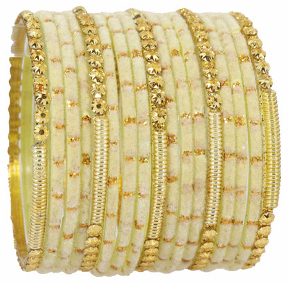 Fancy cream Velvet Glass Bangles with Golden Beads & Polka Dots (Set of 34)