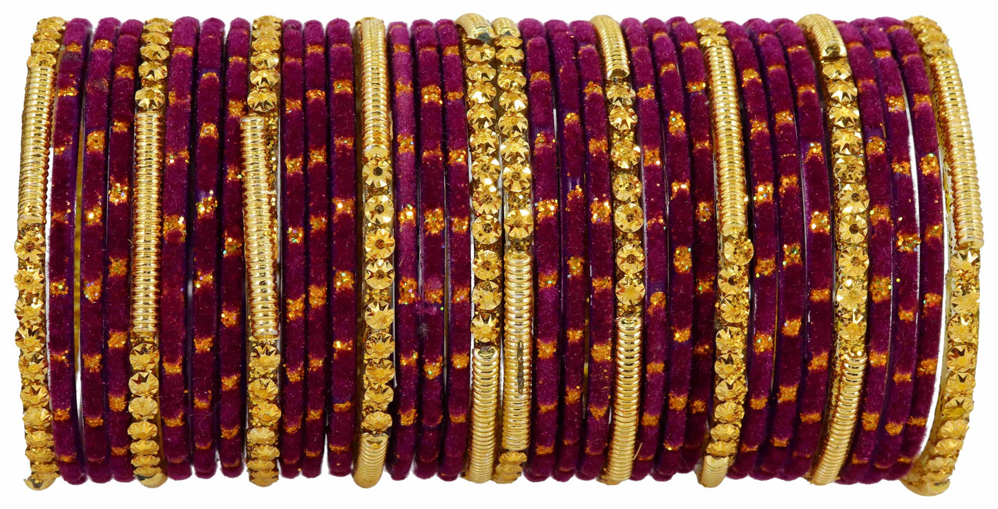 Fancy Red Velvet Glass Bangles with Golden Beads & Polka Dots (Set of 34)
