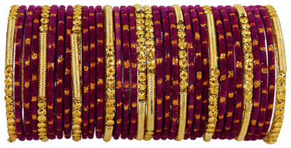 Fancy Red Velvet Glass Bangles with Golden Beads & Polka Dots (Set of 34)