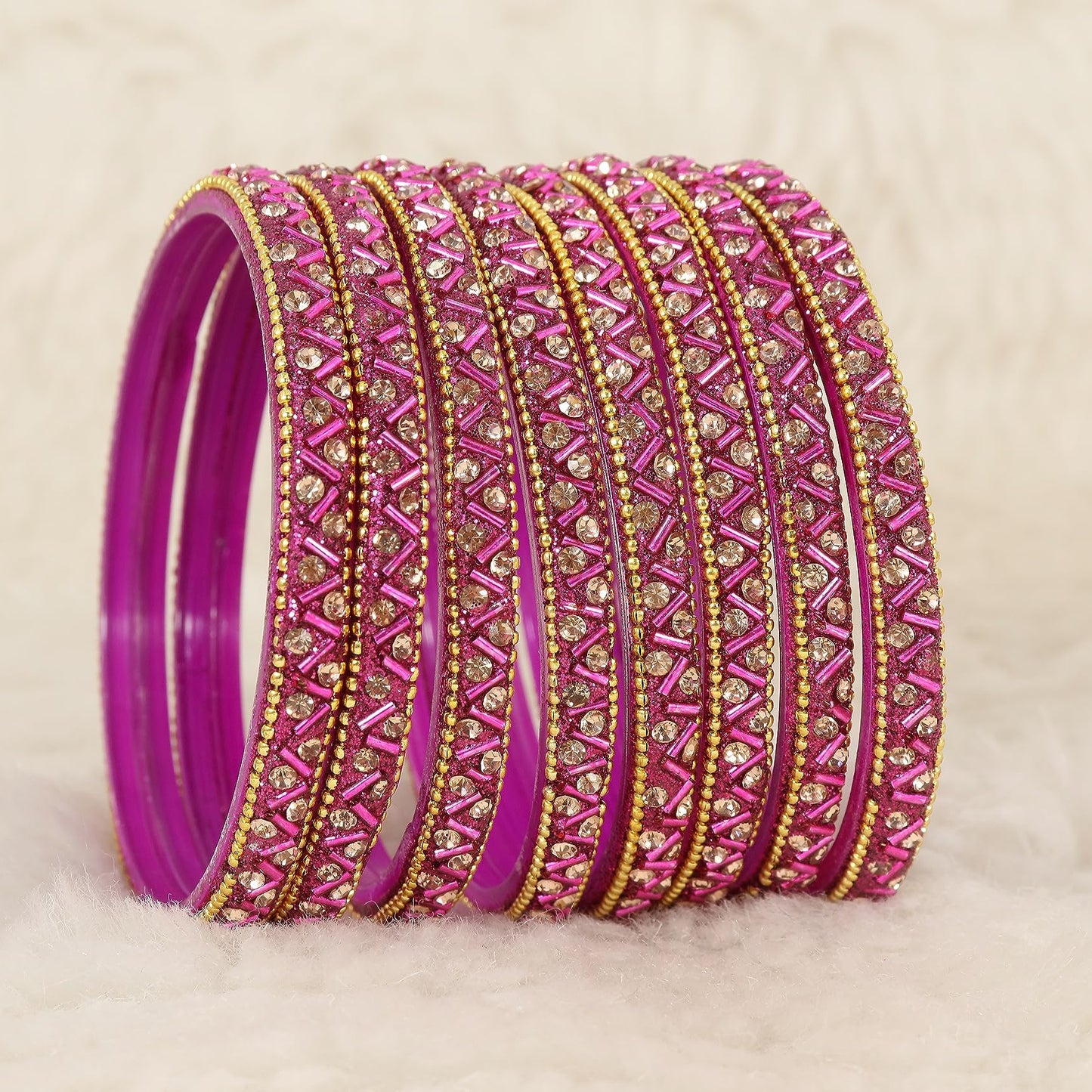 Magenta Glass Bangles Set For Girls and Women Studded Zircon Gemstone and Beads I women bangles I (Pack of 8)
