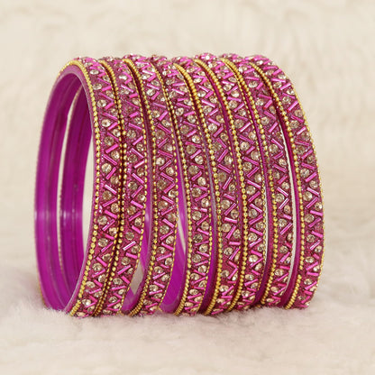 Magenta Glass Bangles Set For Girls and Women Studded Zircon Gemstone and Beads I women bangles I (Pack of 8)