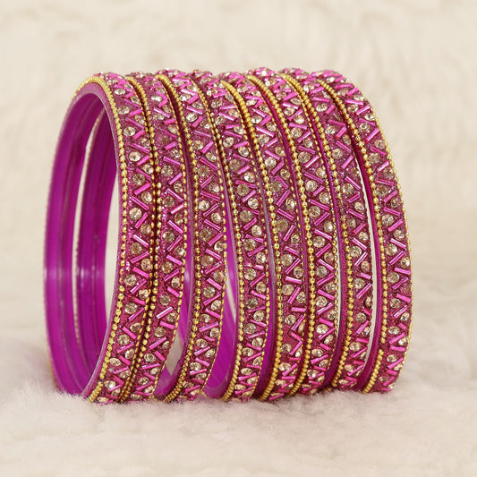 Magenta Glass Bangles Set For Girls and Women Studded Zircon Gemstone and Beads I women bangles I (Pack of 8)