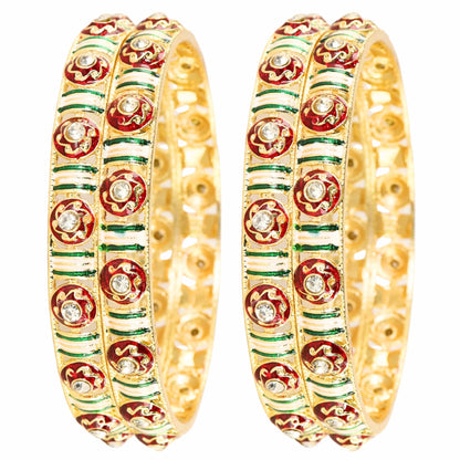 Golden Metal Kada Bangles with Red & Green Enamel Floral Design – Pack of 4