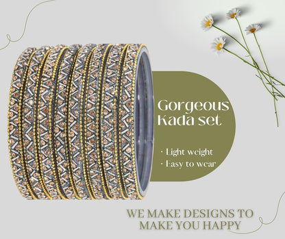 Grey Glass Bangles Set For Girls and Women Studded Zircon Gemstone and Beads I women bangles I (Pack of 8)