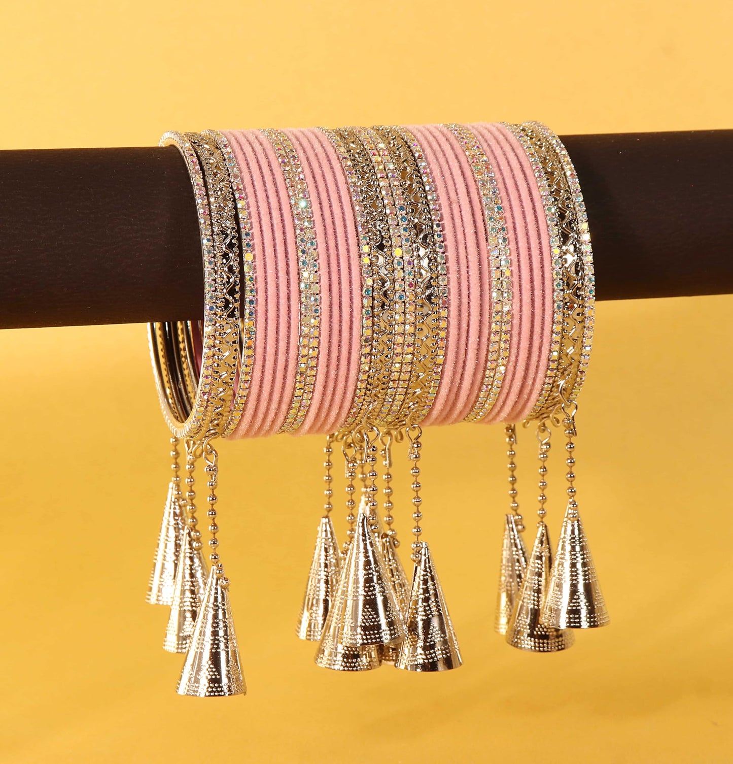 Elegant Baby Pink Velvet Zircon Stone Chuda Set with Silver Latkan – Set of 32