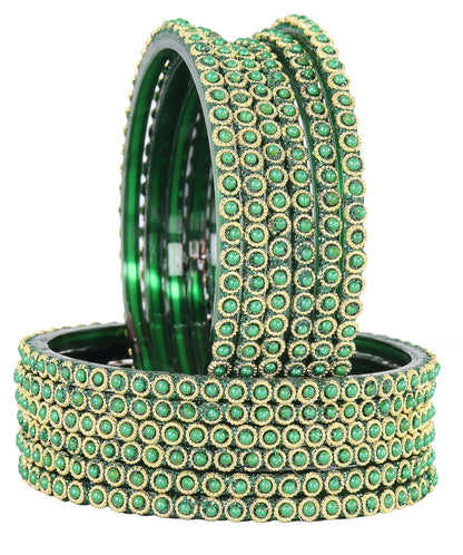 Traditional Glass Bangles Set with Green Moti Work - Pack of 12