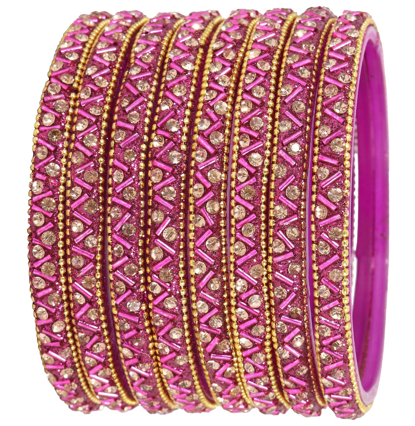 Magenta Glass Bangles Set For Girls and Women Studded Zircon Gemstone and Beads I women bangles I (Pack of 8)