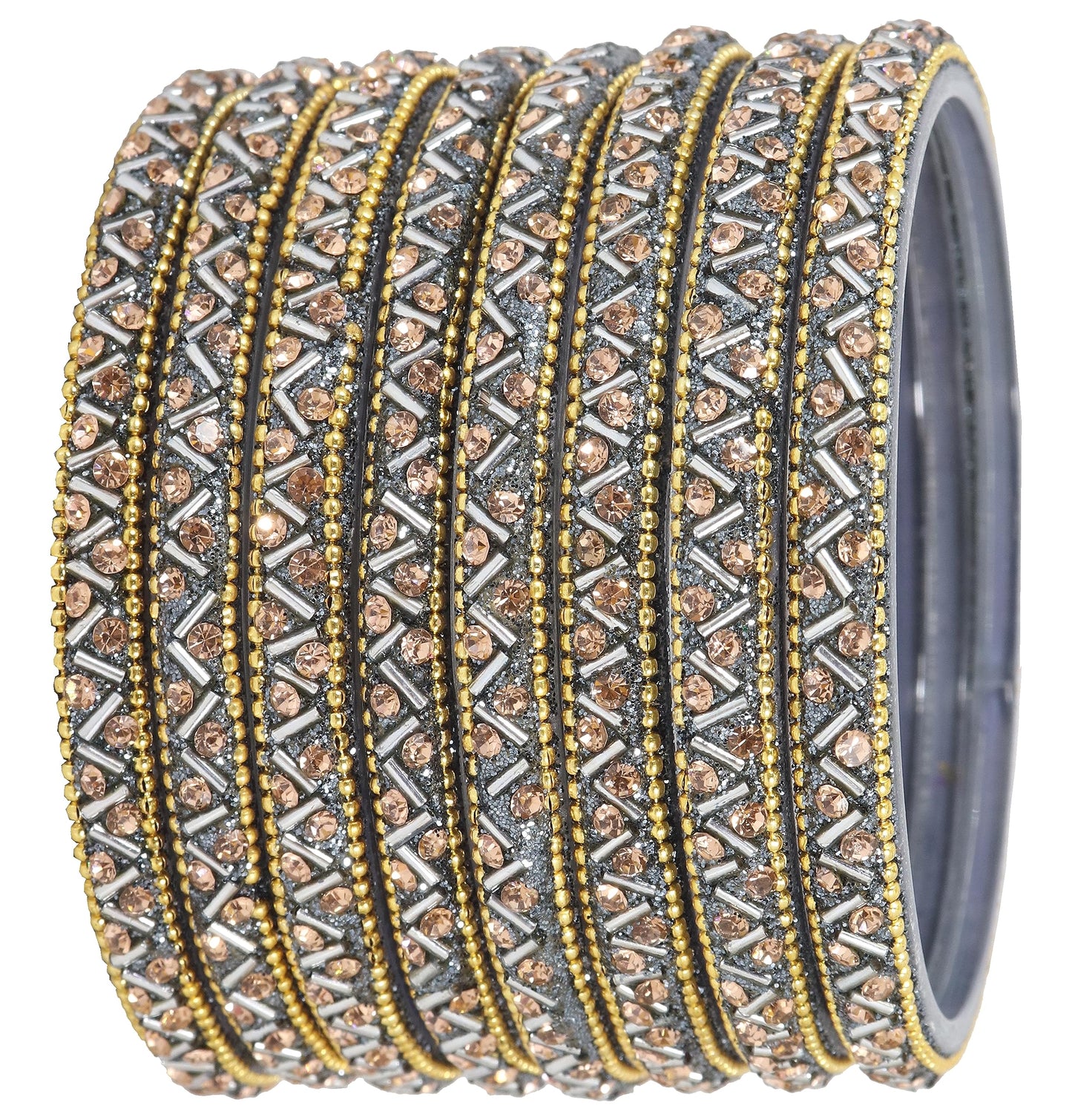 Grey Glass Bangles Set For Girls and Women Studded Zircon Gemstone and Beads I women bangles I (Pack of 8)