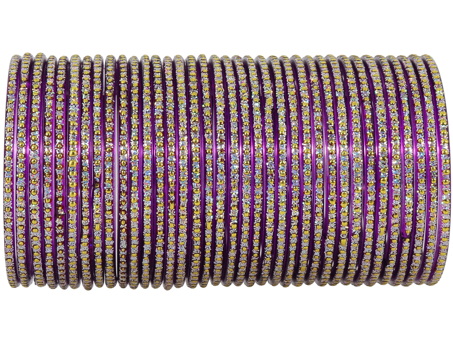 Glass Bangles Set – Pack of 36 | Purple with Polka Dots & Glitter Design