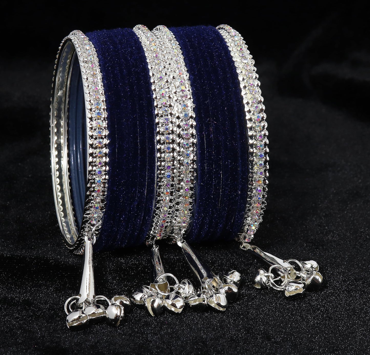 Navy Blue Velvet with Silver Latkan  Zircon  Metal Bangles Set of 16