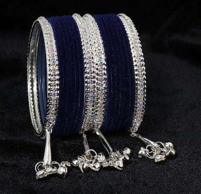 Navy Blue Velvet with Silver Latkan  Zircon  Metal Bangles Set of 16