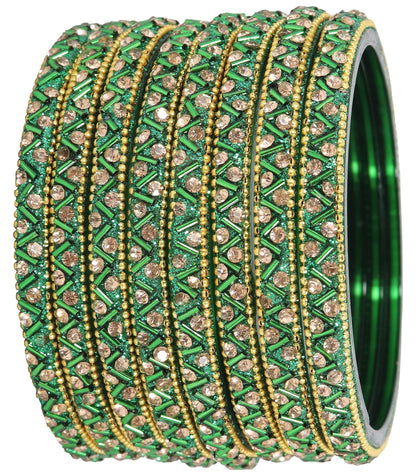 Green Glass Bangles Set For Girls and Women Studded Zircon Gemstone and Beads I women bangles I (Pack of 8)