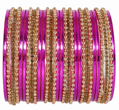 Magenta Zircon Studded Ball Chain Linked Bangle Set for Women & Girls