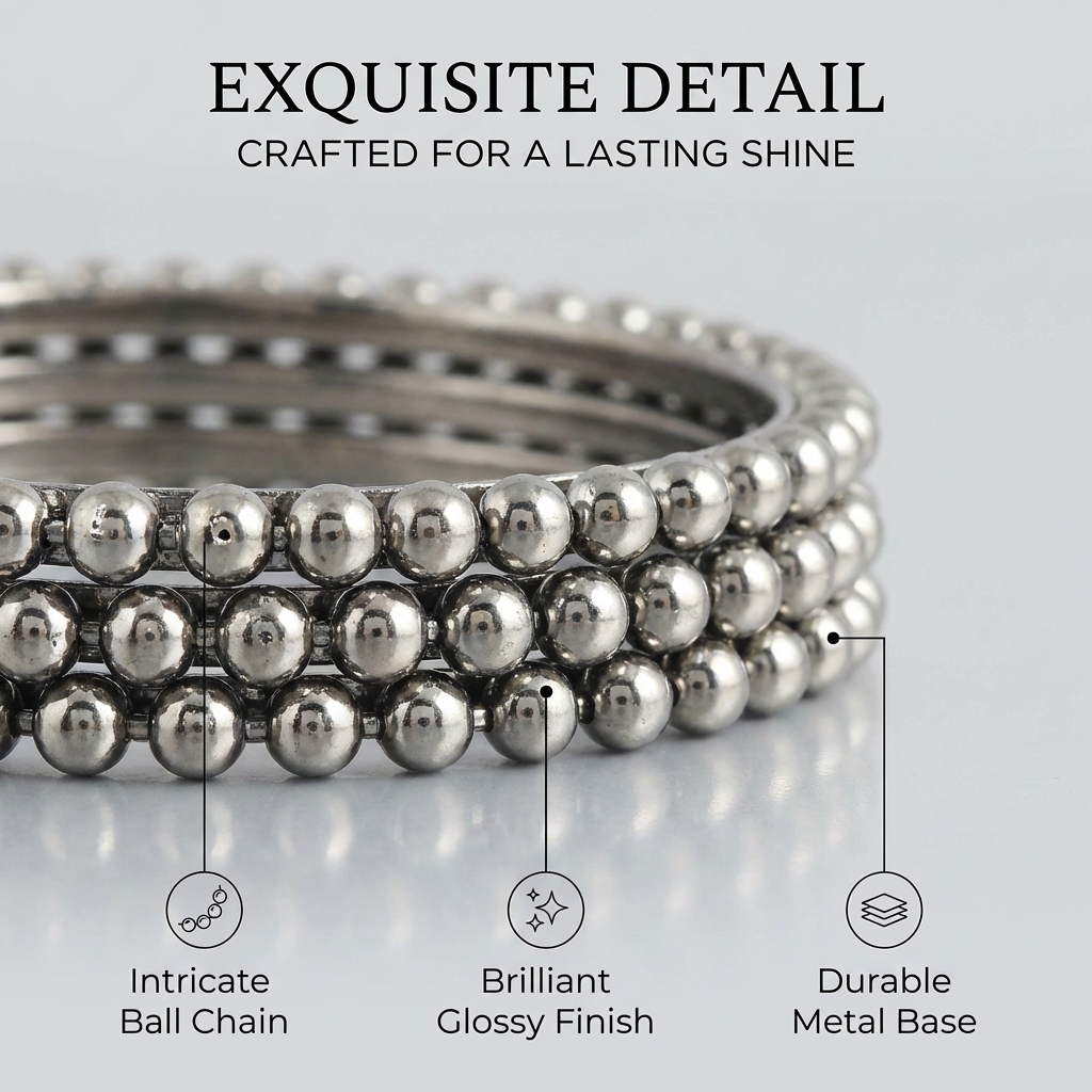 Stylish Metal Ball Chain Premium Silver-Toned Beaded Design (Pack of 8)