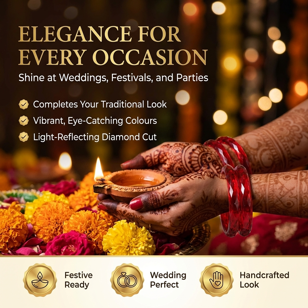 Festive Green Glass Bangles – Red Blossom and Gold Leaf Design-Pack Of 2 Kada