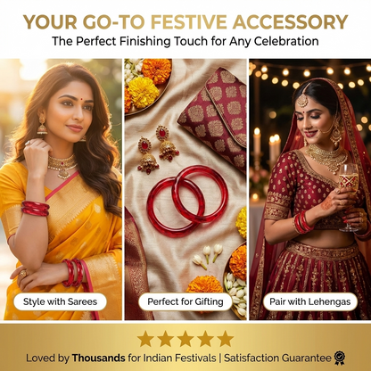 Festive Green Glass Bangles – Red Blossom and Gold Leaf Design-Pack Of 2 Kada