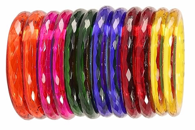 Multicolor Kada Glass Bangle Set – 12 Pieces, 6 Colors