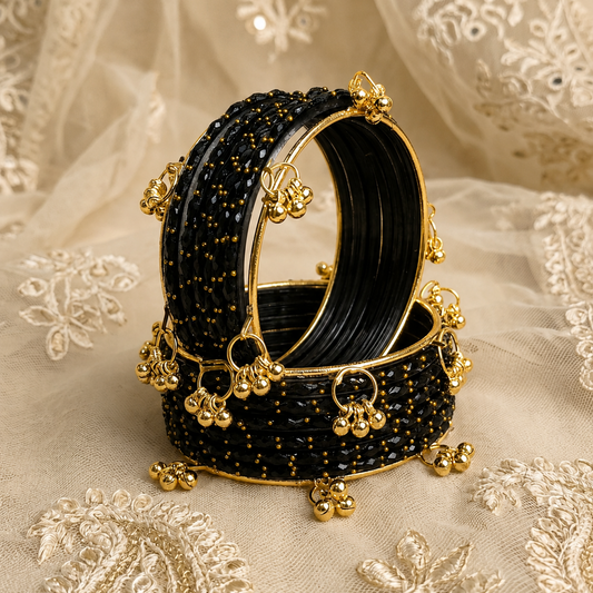 Trendy Glass Bangles With Gold Ghunghroo Set - Set Of 16