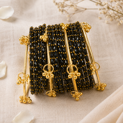 Trendy Glass Bangles With Gold Ghunghroo Set - Set Of 16
