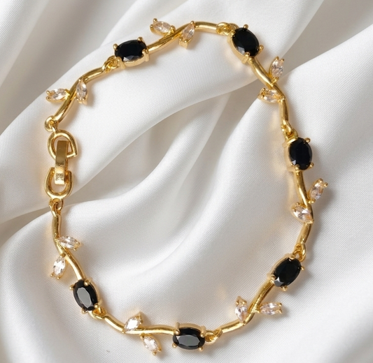 Elegant Gold-Toned Bracelet with Black Stone Stylish Designer Chain Bracelet for Daily & Party Wear