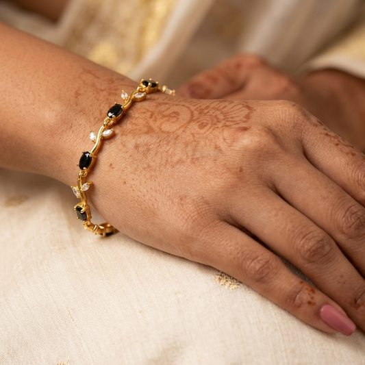 Elegant Gold-Toned Bracelet with Black Stone Stylish Designer Chain Bracelet for Daily & Party Wear