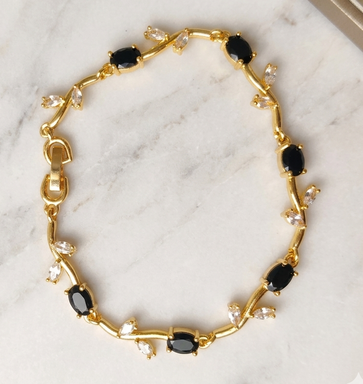 Elegant Gold-Toned Bracelet with Black Stone Stylish Designer Chain Bracelet for Daily & Party Wear