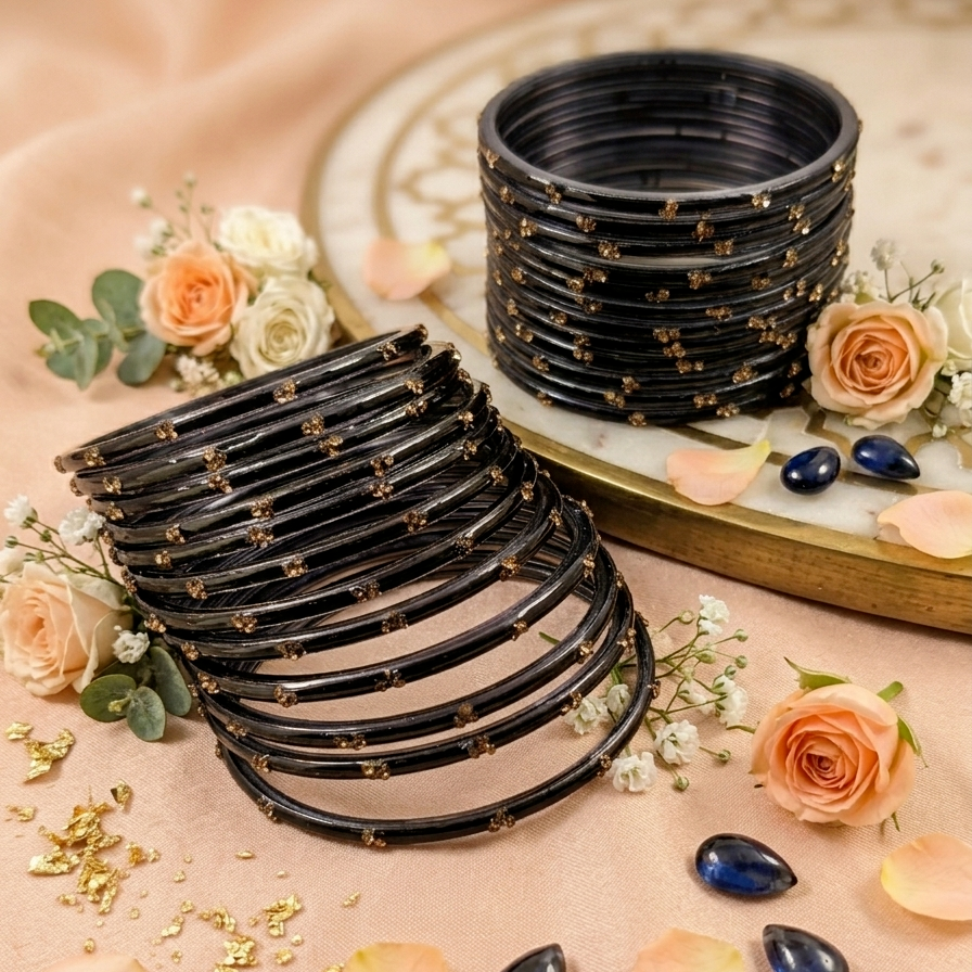Traditional Black Stone Gold  Glossy Finish with Golden Stone Work Wear (Pack of 24)