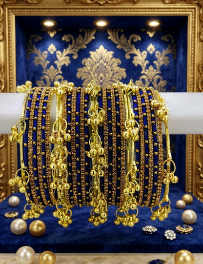 Traditional Royal Blue Silk Thread Kashmiri Goti Metal Kangan for-Set of 32