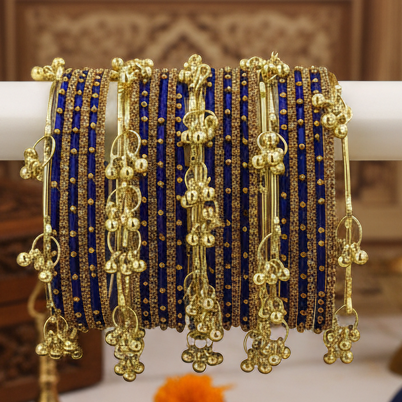 Traditional Royal Blue Silk Thread Bangles Set of 32 | Kashmiri Goti Metal Kangan for-Set of 32