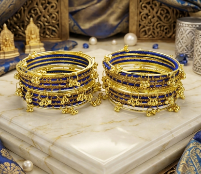 Traditional Royal Blue Silk Thread Kashmiri Goti Metal Kangan for-Set of 32