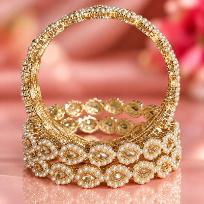 Gold Plated Pearl and Crystal Stone Studded Bridal Bangles Set - Set Of 4
