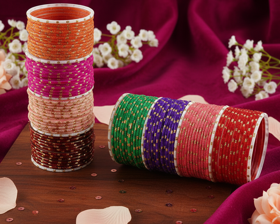 Glass Velvet Worked Polka Dot Glossy Finished Bangle– Pack of 106