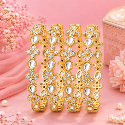 Gold Metal with Zircon Diamond & Kundan Stone Bangles - Set of 4