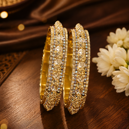 Gold Plated Designer Kada Bangles with Multicolor Stones-Set of 2