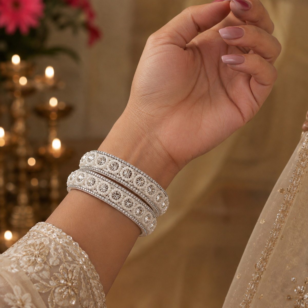Silver Brilliance: Embellished Bridal Bangles - Set of 2