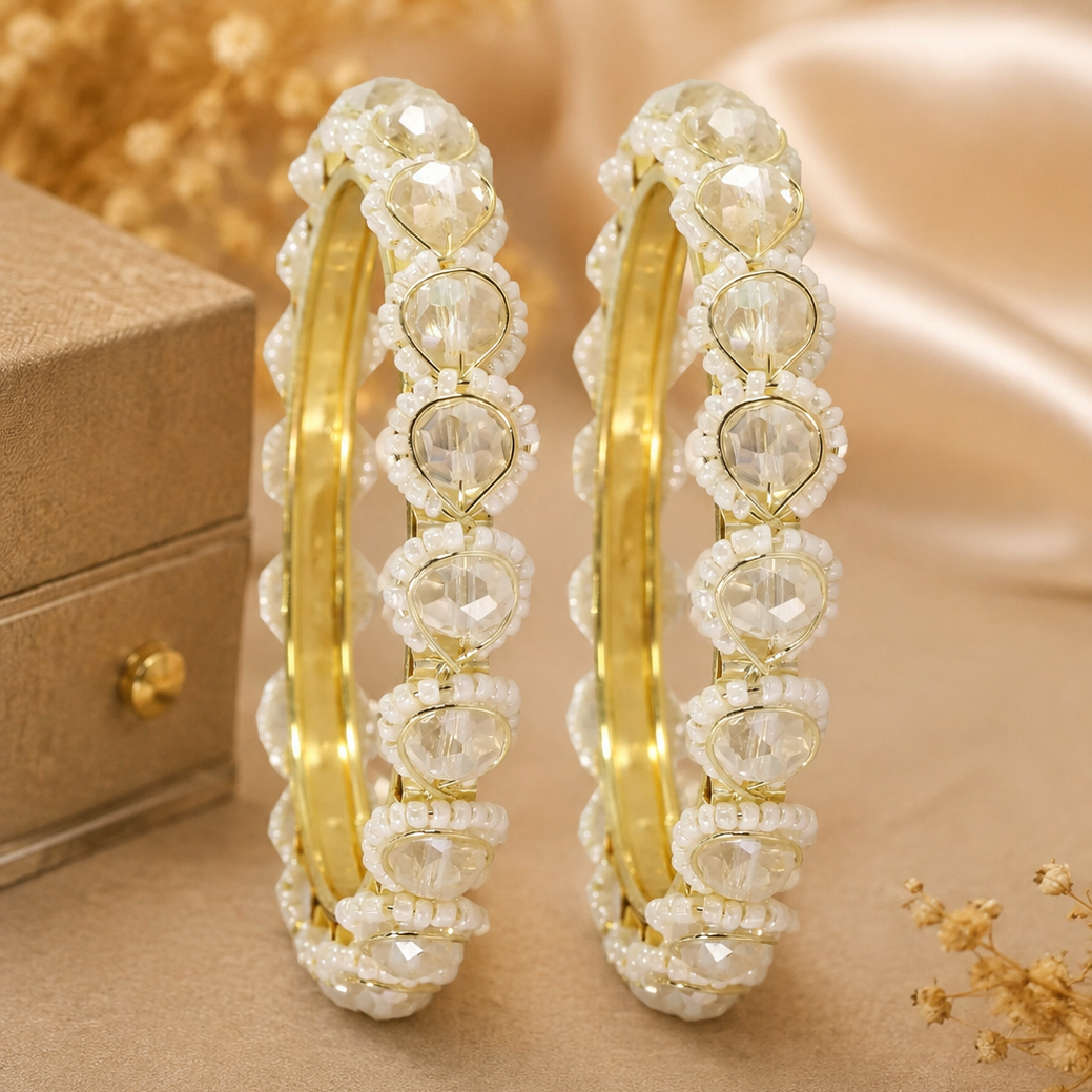 Gold-Plated Handcrafted Crystal & Pearl Beaded  Bangles - Set Of 2