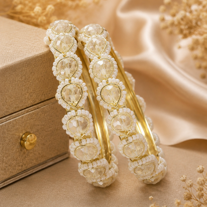 Gold-Plated Handcrafted Crystal & Pearl Beaded  Bangles - Set Of 2