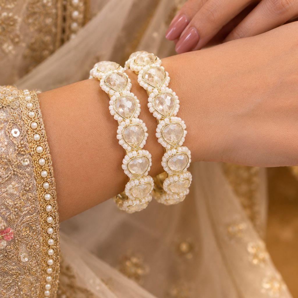 Gold-Plated Handcrafted Crystal & Pearl Beaded  Bangles - Set Of 2