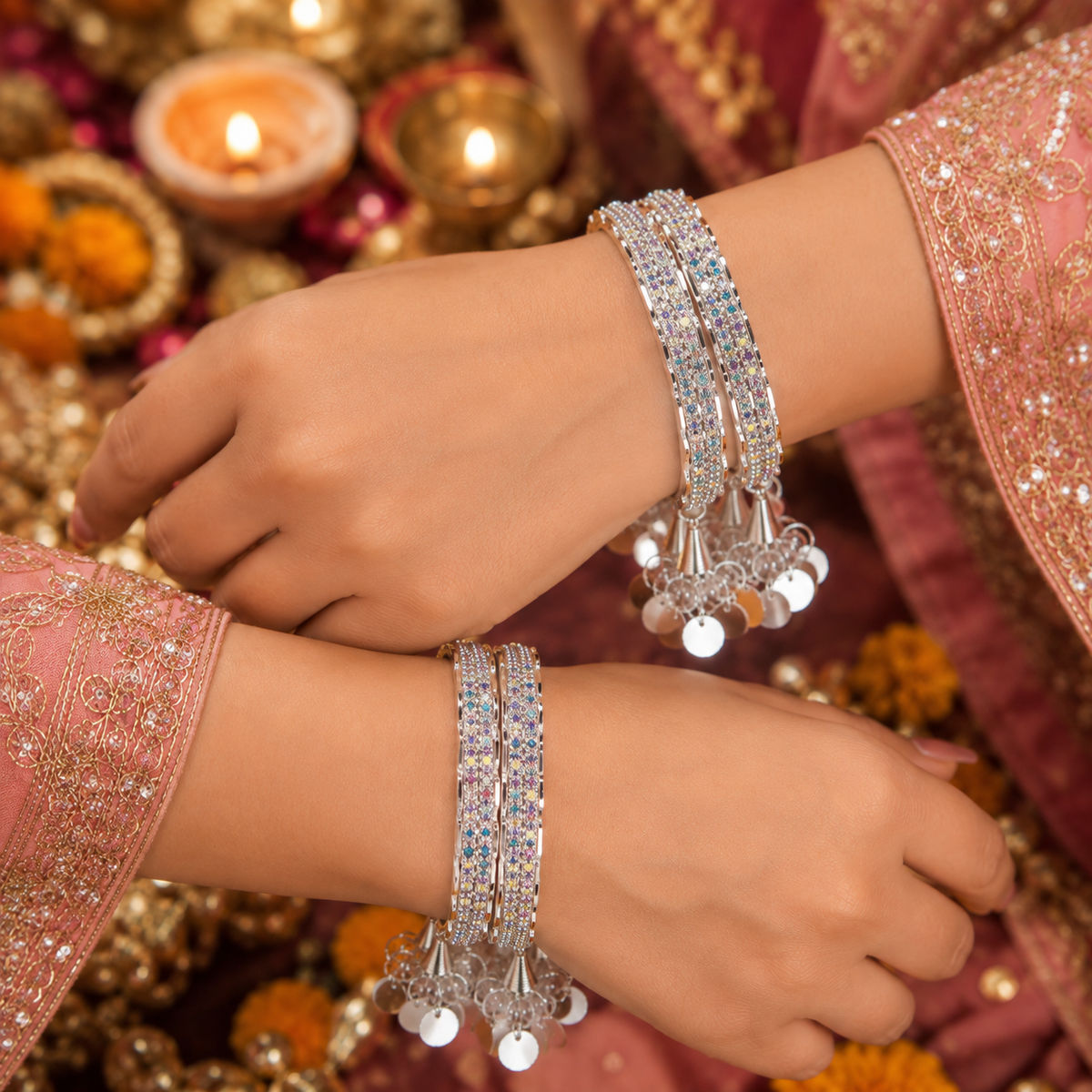 Silver-Plated Multicolor Stone Studded  Bridal Bangles - Set Of 4