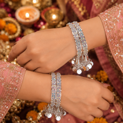 Silver-Plated Multicolor Stone Studded  Bridal Bangles - Set Of 4