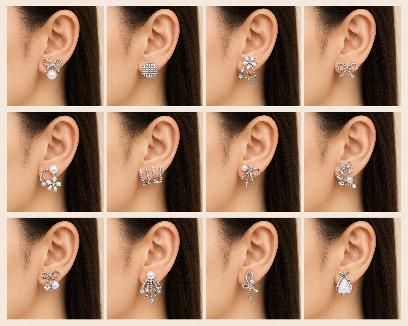 Korean Zircon & Pearl Silver Earrings Combo- Pack of 12