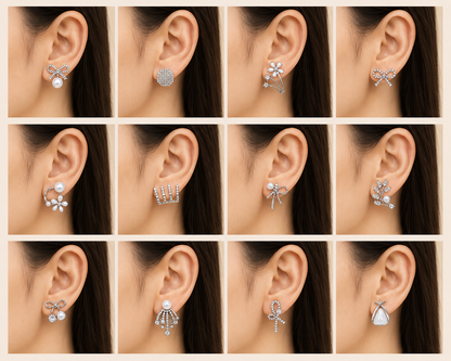Korean Zircon & Pearl Silver Earrings Combo- Pack of 12