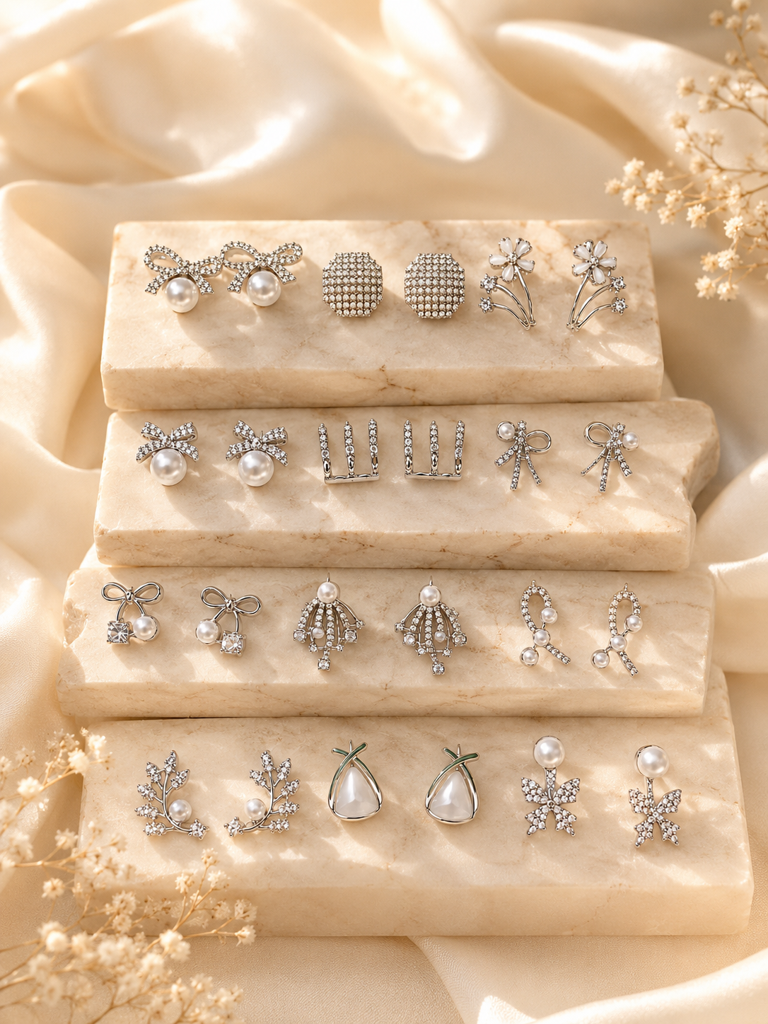 Korean Zircon & Pearl Silver Earrings Combo- Pack of 12