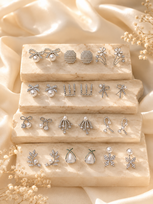 Korean Zircon & Pearl Silver Earrings Combo- Pack of 12