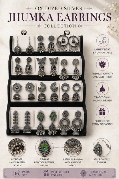 Korean Zircon Silver Plated Jhumka Earrings Combo Set- Pack of 12