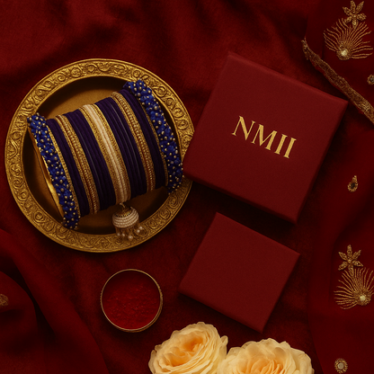 Royal Blue Velvet Zircon Chuda Set with Pearl Latkan – Bridal & Festive Bangles